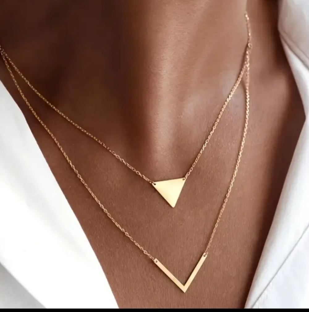 Gold Triangle and Chevron Pendant Necklace